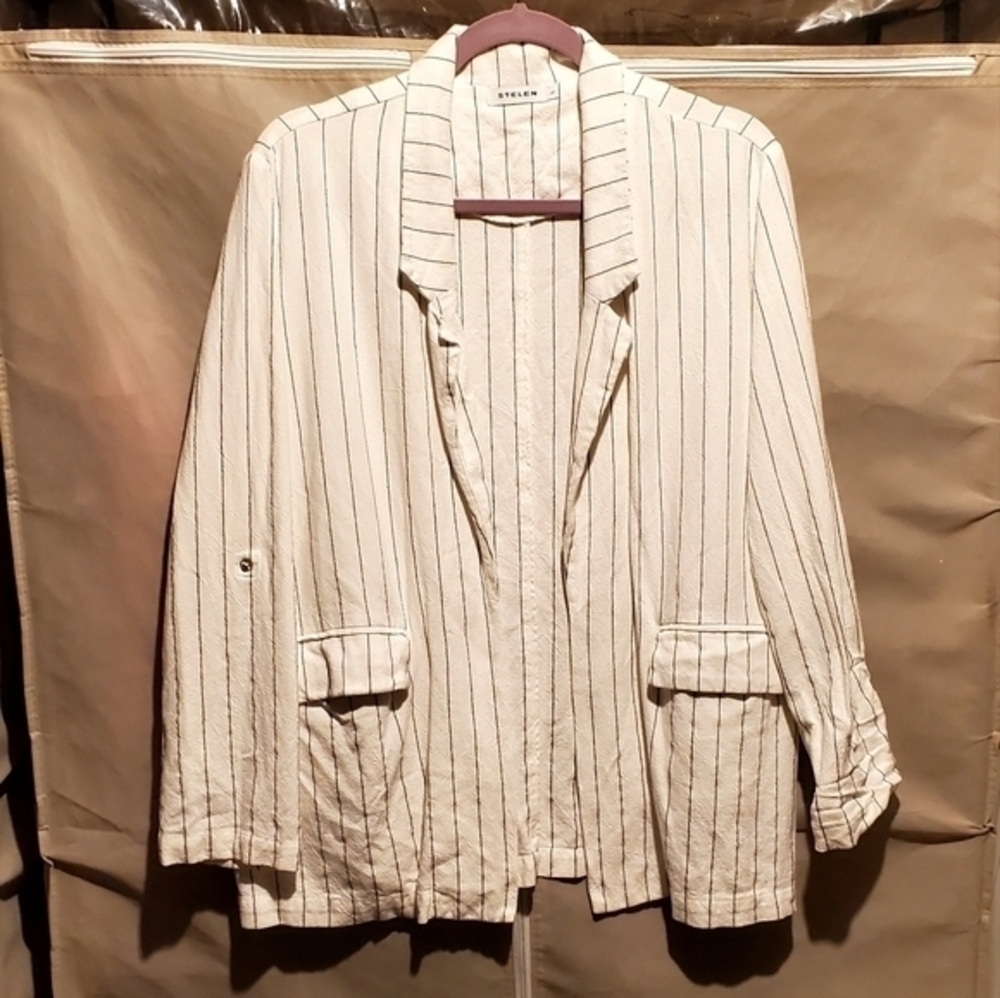Stelen White Cotton Linen Open Blazer Jacket Roll Tab Sleeves Pinstripe Large - Picture 3 of 9